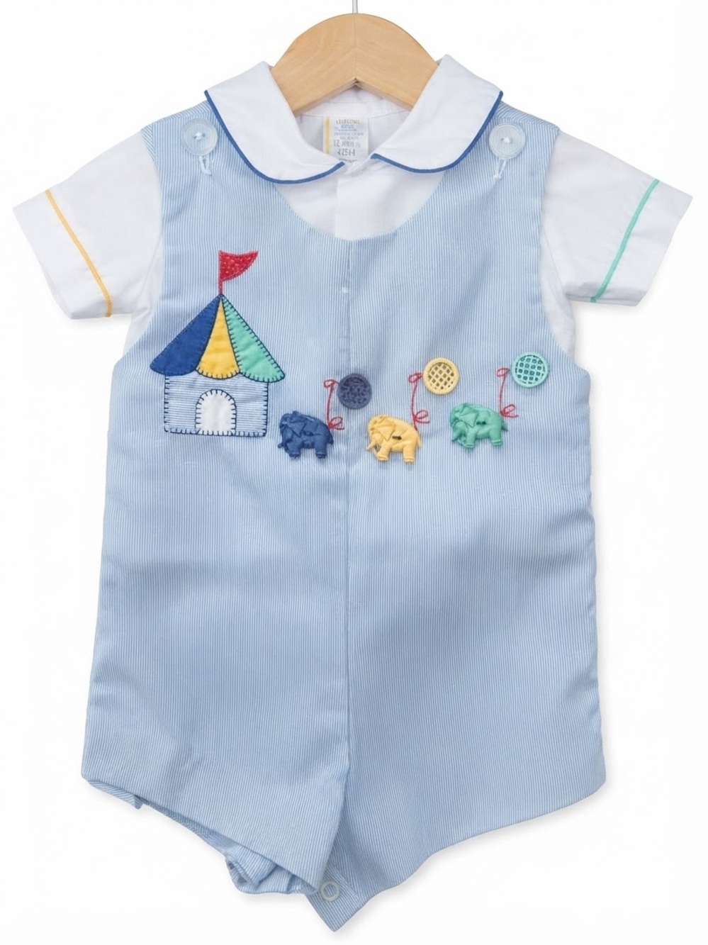 Vintage Circus Tent Elephant Appliqué Seersucker Boy Shortall Set Size 12M